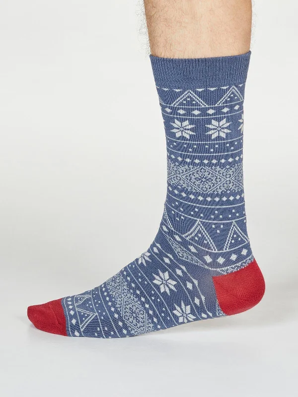Patterned men's socks with geometric designsOLWIN FAIRISLE SOCKS - BLUE SLATE