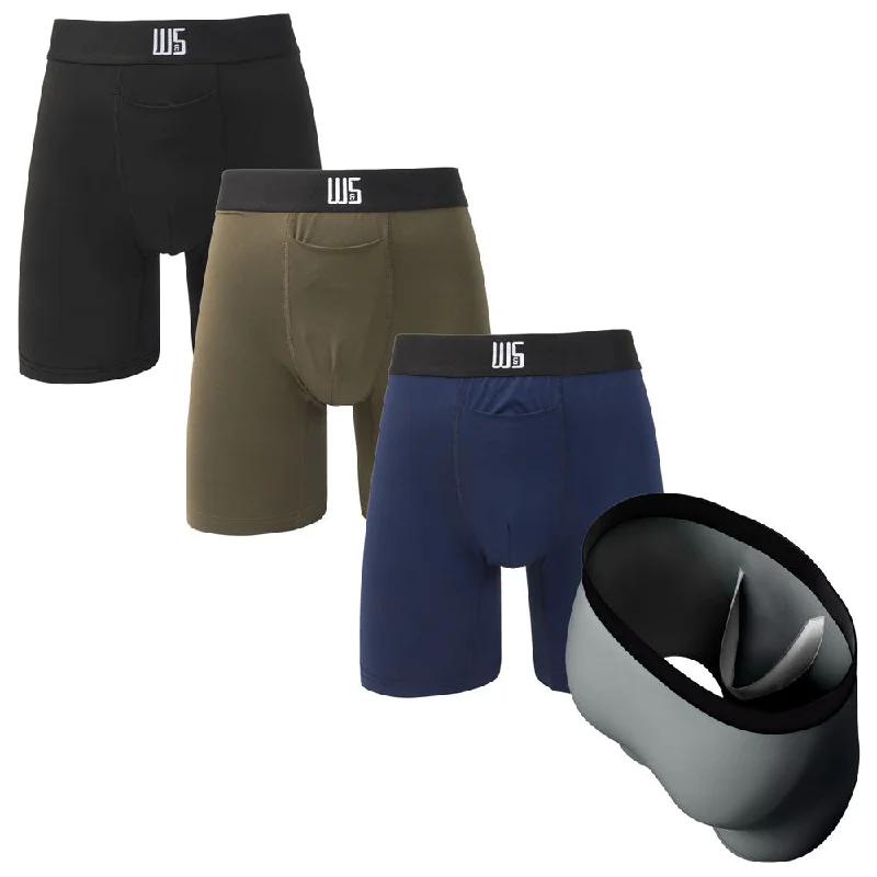Patterned men's boxer briefs, such as stripes or checks8" Inseam Boxer Brief 4 Pack - WarriorFit Moisture Wicking Fabric - W/Chafe Safe Pouch Patterned men's boxer briefs, such as stripes or checks8" Inseam Boxer Brief 4 Pack - WarriorFit Moisture Wicking Fabric - W/Chafe Safe Pouch