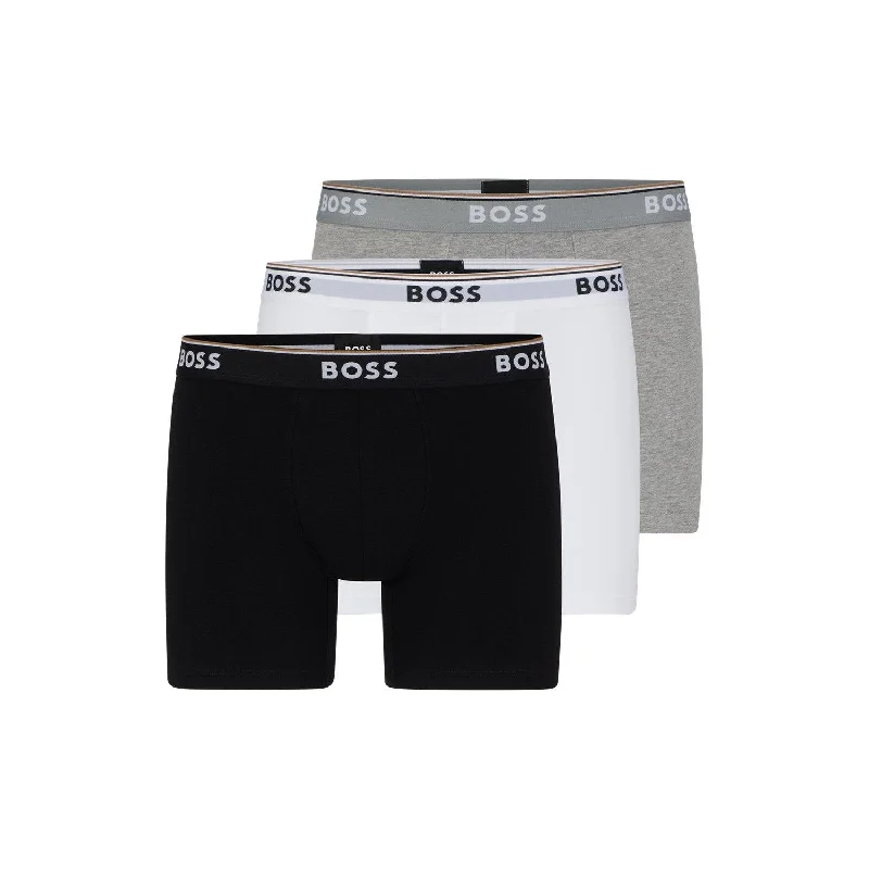 Designer men's boxer briefs with a premium lookBOSS 3 Pack Power Cotton Stretch Boxer Briefs - Black/White/Grey Designer men's boxer briefs with a premium lookBOSS 3 Pack Power Cotton Stretch Boxer Briefs - Black/White/Grey