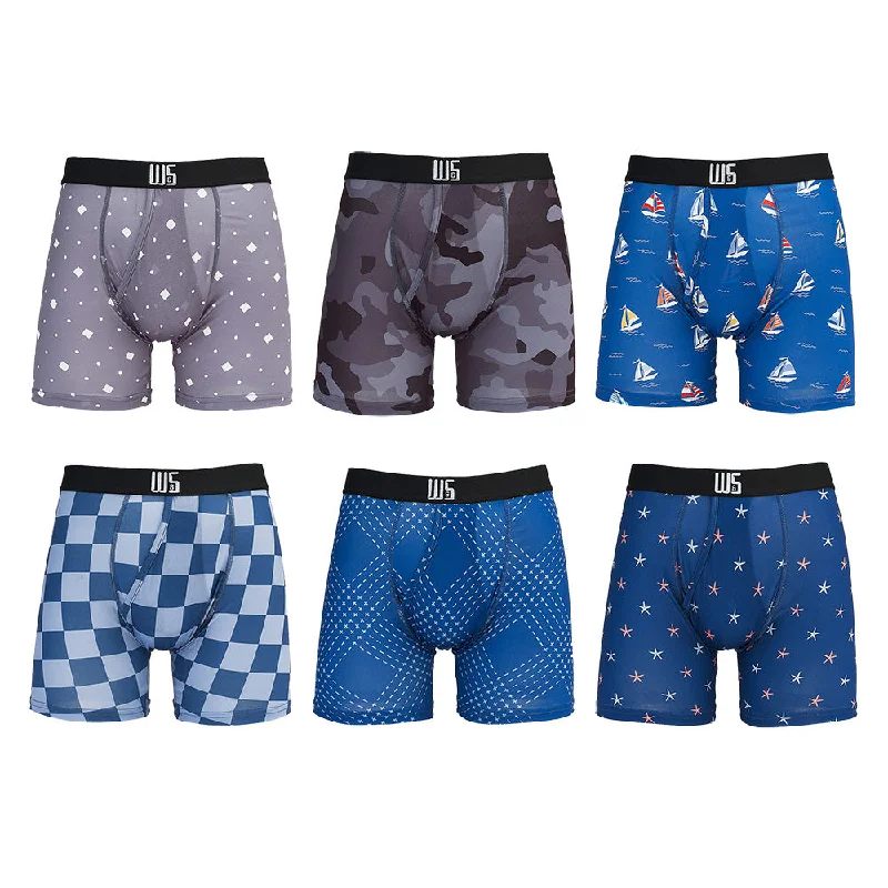 Mesh - paneled men's boxer briefs for ventilation6" Inseam Boxer Brief 6 Pack - WarriorFit Moisture Wicking Fabric - W/Chafe Safe Pouch Mesh - paneled men's boxer briefs for ventilation6" Inseam Boxer Brief 6 Pack - WarriorFit Moisture Wicking Fabric - W/Chafe Safe Pouch