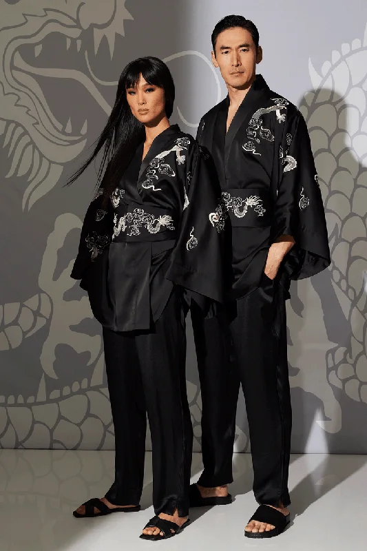 Organic men's thongs for an eco - friendly optionDragon Luxe Charmeuse Embroidered Unisex Kimono