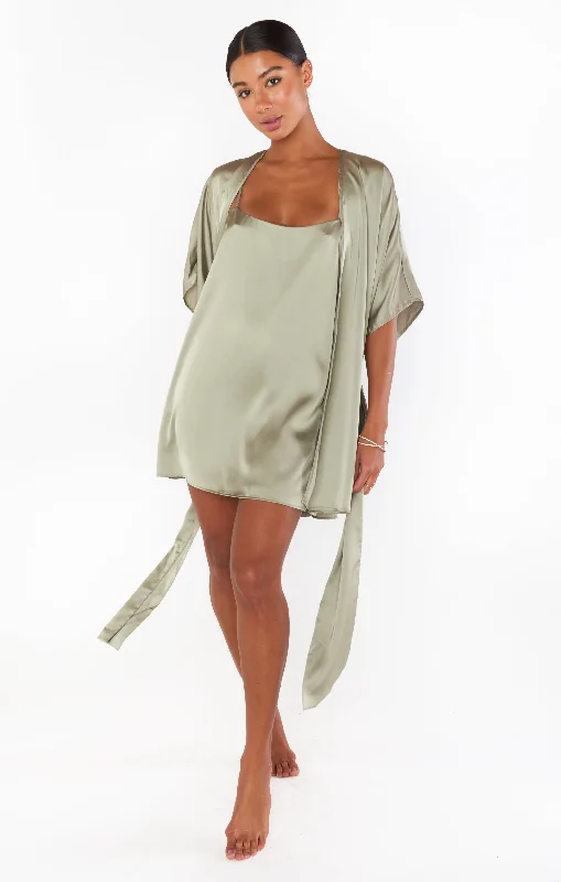 Leather men's thongs for a fetish lookFirst Look Robe ~ Moss Green Luxe Satin