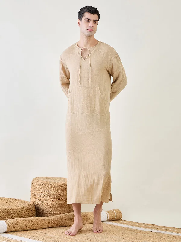 Cotton men's thongs for basic comfortMens Beige Cotton Kaftan Robe