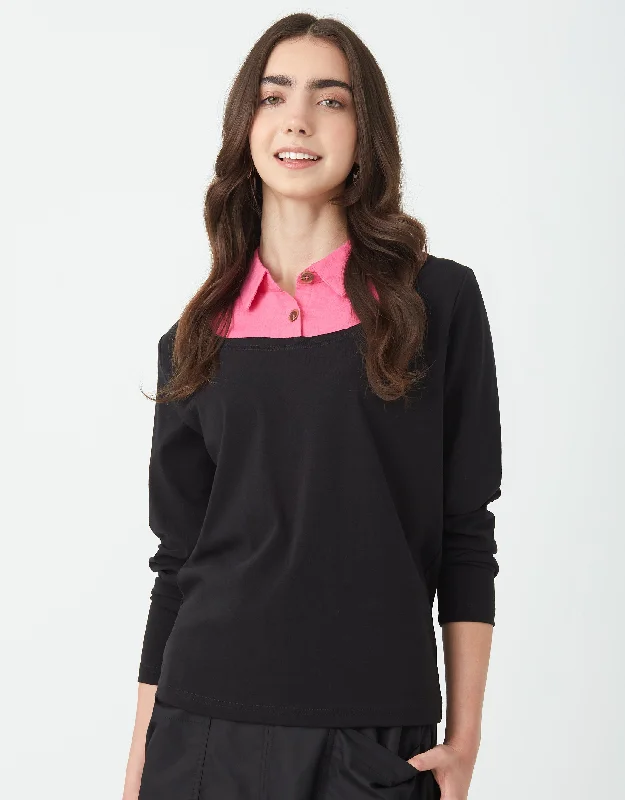 Designer men's thongs with a high - end finishFaux Layered Top with Collar Blouse Black Black Fuchsia