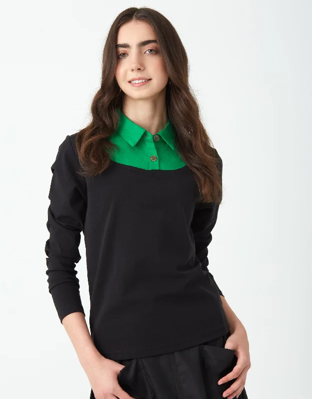 Leather men's thongs for a fetish lookFaux Layered Top with Collar Blouse Black Black Green
