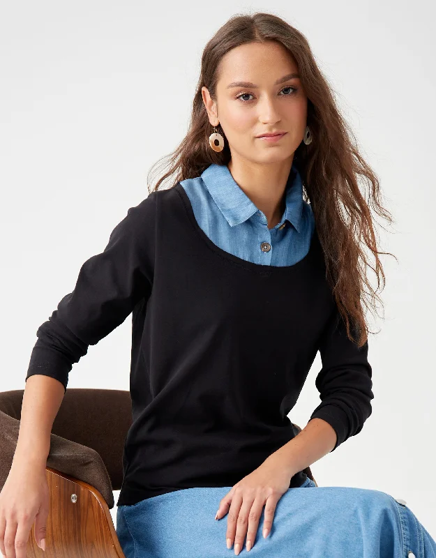 Tag - less men's thongs to prevent irritationFaux Layered Top with Collar Blouse Black Blue Denim