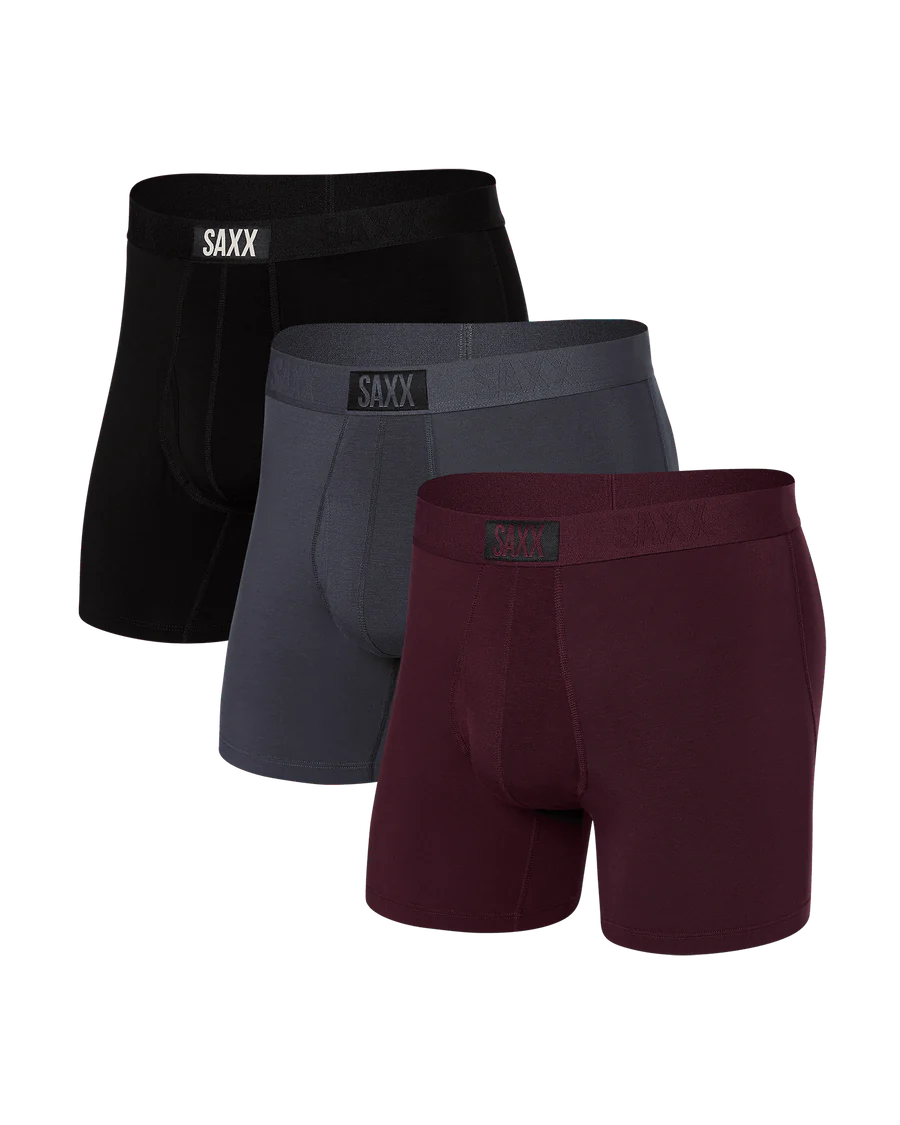 Mesh - paneled men's boxer briefs for ventilationSaxx Men's Ultra Super Soft Boxer Brief Fly 3 Pack - Plum/Turbulence/Black