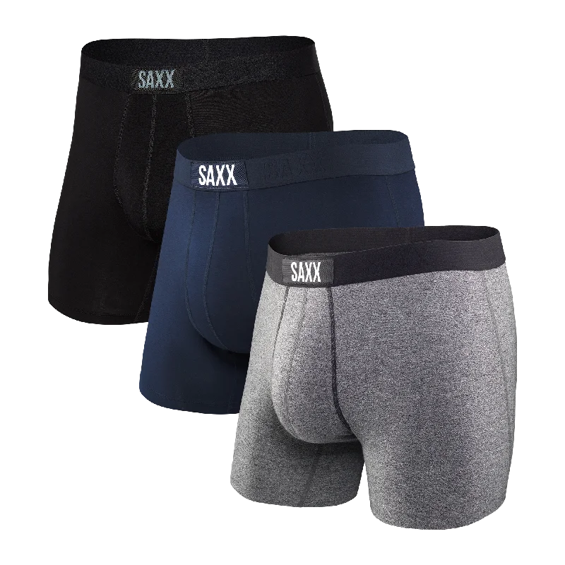 Stretch - fabric men's boxer briefs for a flexible fitSaxx Vibe Super Soft Boxer Brief 3 Pack - Black / Grey / Blue Stretch - fabric men's boxer briefs for a flexible fitSaxx Vibe Super Soft Boxer Brief 3 Pack - Black / Grey / Blue
