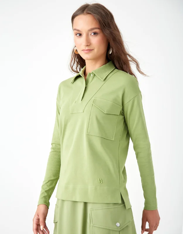 Athletic - style men's thongs for sportsSnap Placket Collar Top with Cargo Pocket Lime