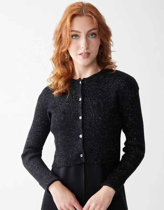 Designer men's thongs with a high - end finishSparkly Ribbed Cropped Cardigan with Jewel Buttons Black - MUST BE PURCHASED WITH MAXI
