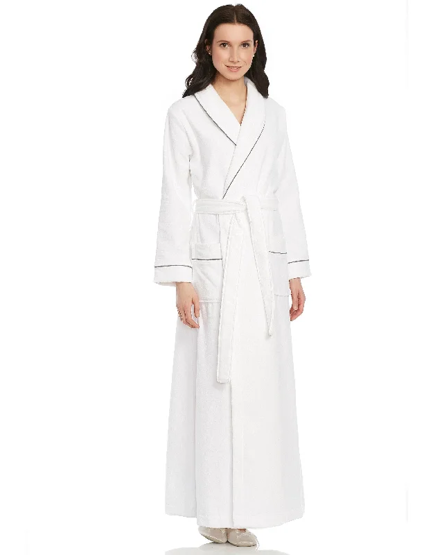 Cotton men's thongs for basic comfortTerry Wrap Long Belted Bathrobe with Contrast Piped Trim White Gray