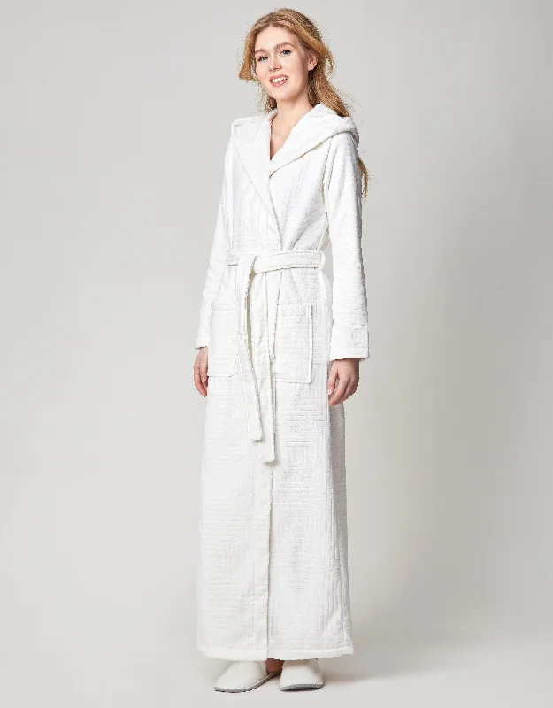 Soft - fabric men's thongs for a gentle touchTerry Wrap Long Geometric Belted Bathrobe With Hood White