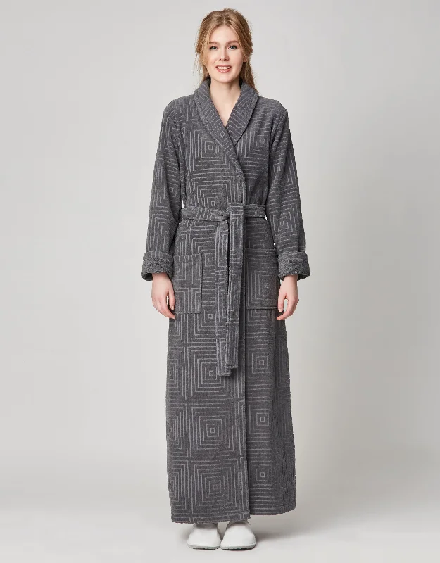 Microfiber men's thongs for a smooth feelTerry Wrap Long Geometric Belted Bathrobe With Shawl Collar Gray