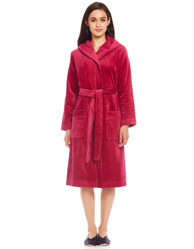 Solid - color men's thongs in simple huesTerry Wrap Short Belted Hoodie Bathrobe with Piped Trim Raspberry